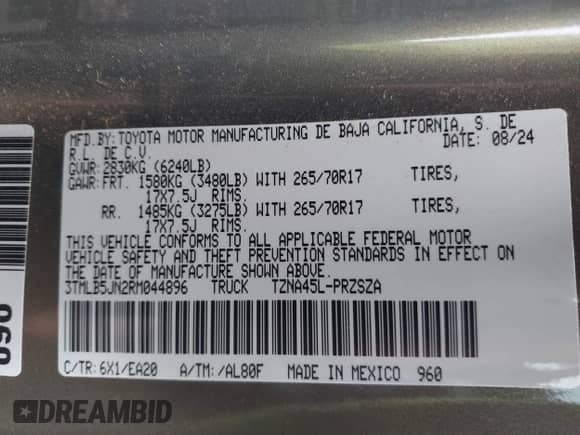 2024 Toyota Tacoma SR5 with VIN 3TMLB5JN2RM044896, listed as a IAAI auction lot 41575173 with 4,293 mi miles and . Bid and sale history available at DreamBid. Image 9.