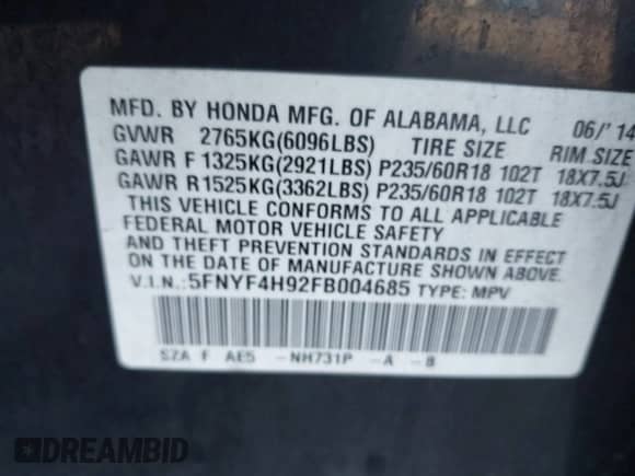 2015 Honda Pilot Touring с VIN 5FNYF4H92FB004685, выставлен на аукционе IAAI как лот 43500533 с пробегом 169 841 миль миль и . История ставок и продаж доступна на DreamBid. Изображение 9.