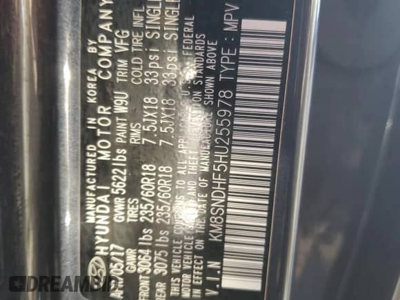 2017 Hyundai Santa Fe SE с VIN KM8SNDHF5HU255978, выставлен на аукционе Copart как лот 87226265 с пробегом 95 417 миль миль и Списание • Salvage title. История ставок и продаж доступна на DreamBid. Изображение 13.