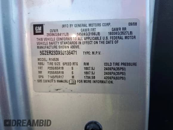 2009 Saturn Outlook XR with VIN 5GZER23DX9J136471, listed as a Copart auction lot 42747005 with 142,994 mi miles and Salvage title. Bid and sale history available at DreamBid. Image 13.