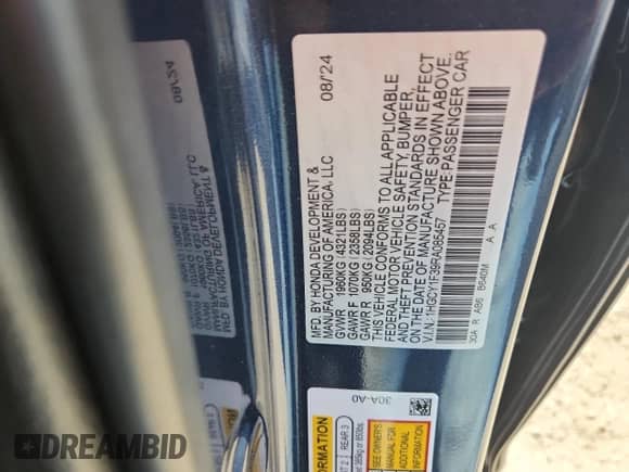2024 Honda Accord EX with VIN 1HGCY1F39RA085457, listed as a Copart auction lot 61307445 with 9,713 mi miles and Salvage title. Bid and sale history available at DreamBid. Image 13.