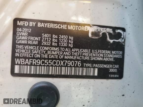 2012 BMW 5 Series 550i с VIN WBAFR9C55CDX79076, выставлен на аукционе Copart как лот 85178425 с пробегом 98 892 миль миль и Чистый • Clean title. История ставок и продаж доступна на DreamBid. Изображение 13.