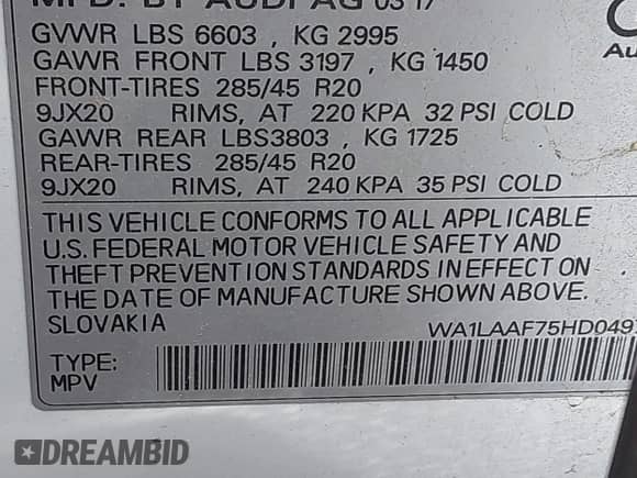 2017 Audi Q7 Premium Plus with VIN WA1LAAF75HD049780, listed as a IAAI auction lot 42377591 with 102,692 mi miles and . Bid and sale history available at DreamBid. Image 9.