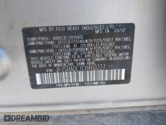 2012 Subaru Forester X Premium z VIN JF2SHADC7CH460727, wystawiony jako IAAI lot #43337416 z przebiegiem 212 232 mil mil oraz . Historia ofert i sprzedaży dostępna na DreamBid. Obrazek 9.