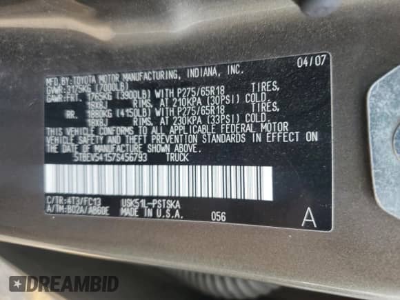 2007 Toyota Tundra SR5 z VIN 5TBEV54157S456793, wystawiony jako Copart lot #83933975 z przebiegiem Nie podano mil oraz Szkoda całkowita • Salvage title. Historia ofert i sprzedaży dostępna na DreamBid. Obrazek 12.