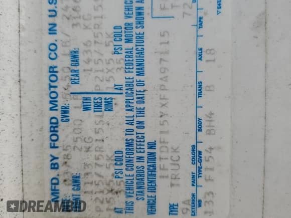 1985 Ford F-150 z VIN 1FTDF15YXFPA97115, wystawiony jako Copart lot #87000634 z przebiegiem 28 229 mil mil oraz Czysty tytuł • Clean title. Historia ofert i sprzedaży dostępna na DreamBid. Obrazek 12.