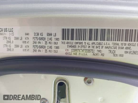 2015 Ram 1500 Express with VIN 1C6RR7KTXFS599751, listed as a IAAI auction lot 42372393 with 103,289 mi miles and . Bid and sale history available at DreamBid. Image 9.