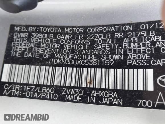 2012 Toyota Prius One with VIN JTDKN3DUXC5381159, listed as a IAAI auction lot 43206489 with 196,423 mi miles and . Bid and sale history available at DreamBid. Image 9.
