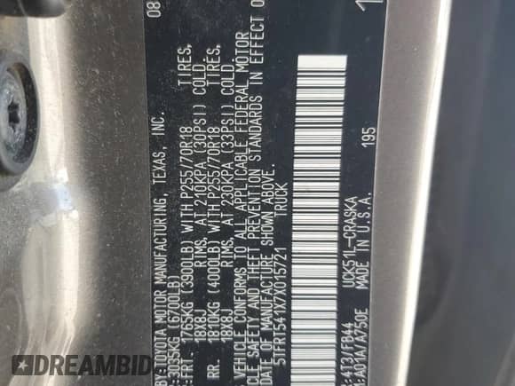 2007 Toyota Tundra SR5 z VIN 5TFRT541X7X015721, wystawiony jako Copart lot #71171415 z przebiegiem 313 704 mil mil oraz Czysty tytuł • Clean title. Historia ofert i sprzedaży dostępna na DreamBid. Obrazek 12.