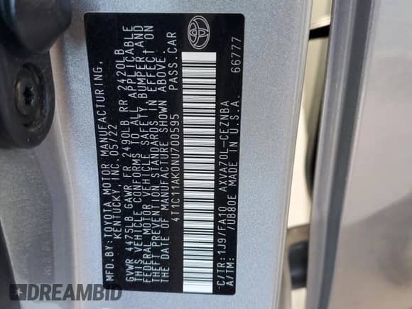 2022 Toyota Camry LE с VIN 4T1C11AK0NU700595, выставлен на аукционе Copart как лот 81089635 с пробегом 20 430 миль миль и Списание • Salvage title. История ставок и продаж доступна на DreamBid. Изображение 13.