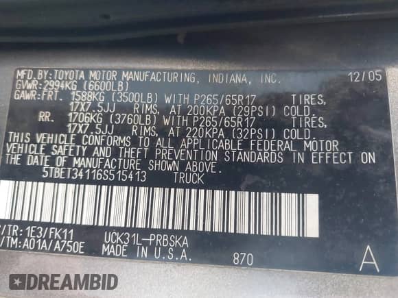 2006 Toyota Tundra SR5 с VIN 5TBET34116S515413, выставлен на аукционе IAAI как лот 43440217 с пробегом Не указан миль и . История ставок и продаж доступна на DreamBid. Изображение 9.