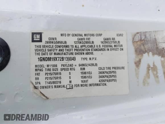 2002 Chevrolet Astro z VIN 1GNDM19X72B139049, wystawiony jako IAAI lot #43295822 z przebiegiem 202 527 mil mil oraz . Historia ofert i sprzedaży dostępna na DreamBid. Obrazek 9.