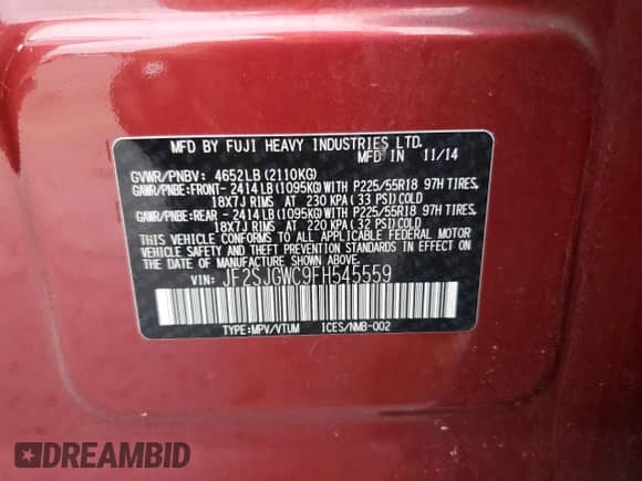 2015 Subaru Forester XT Touring with VIN JF2SJGWC9FH545559, listed as a Copart auction lot 85127735 with 80,024 mi miles and Salvage title. Bid and sale history available at DreamBid. Image 12.