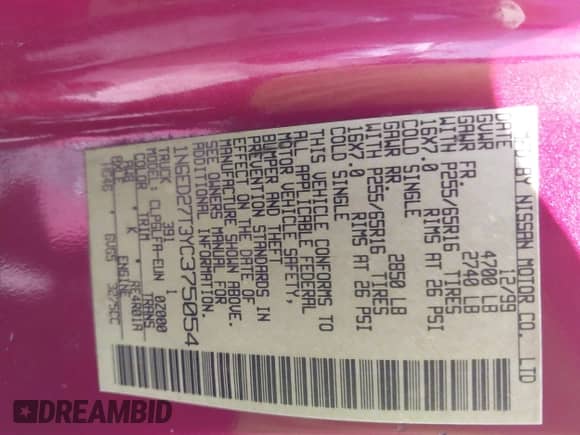 2000 Nissan Frontier XE with VIN 1N6ED27T3YC375054, listed as a IAAI auction lot 41873026 with 287,604 mi miles and . Bid and sale history available at DreamBid. Image 9.