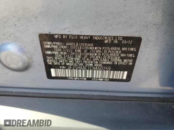 2012 Subaru Forester X z VIN JF2SHAAC1CH460159, wystawiony jako Copart lot #68132555 z przebiegiem 128 314 mil mil oraz Czysty tytuł • Clean title. Historia ofert i sprzedaży dostępna na DreamBid. Obrazek 13.