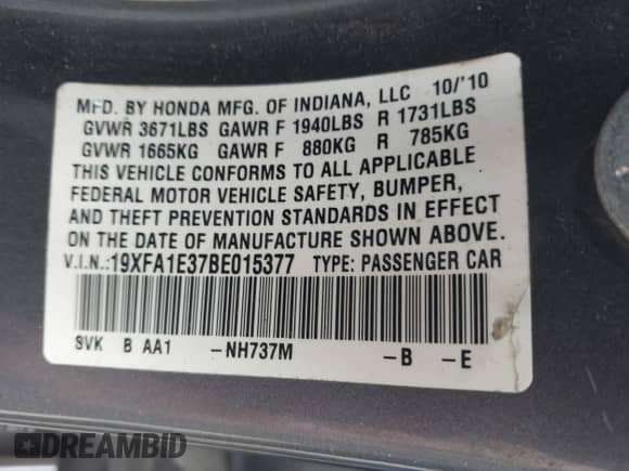 2011 Honda Civic with VIN 19XFA1E37BE015377, listed as a IAAI auction lot 42490526 with 329,430 mi miles and . Bid and sale history available at DreamBid. Image 9.