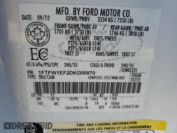 2013 Ford F-150 XLT with VIN 1FTFW1EF2DKD00970, listed as a Copart auction lot 82718695 with 192,964 mi miles and Clean title. Bid and sale history available at DreamBid. Image 12.