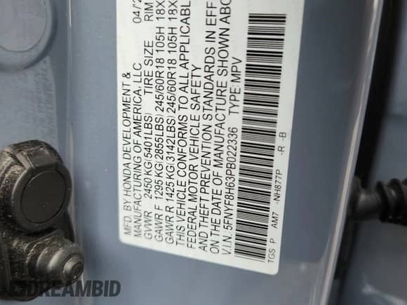 2023 Honda Passport TrailSport с VIN 5FNYF8H63PB022336, выставлен на аукционе Copart как лот 63269705 с пробегом Не указан миль и Списание • Salvage title. История ставок и продаж доступна на DreamBid. Изображение 14.
