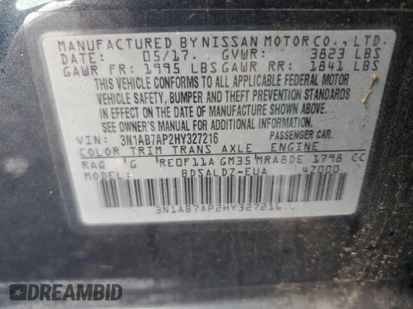 2017 Nissan Sentra SV z VIN 3N1AB7AP2HY327216, wystawiony jako Copart lot #81831565 z przebiegiem 120 902 mil mil oraz Szkoda całkowita • Salvage title. Historia ofert i sprzedaży dostępna na DreamBid. Obrazek 13.