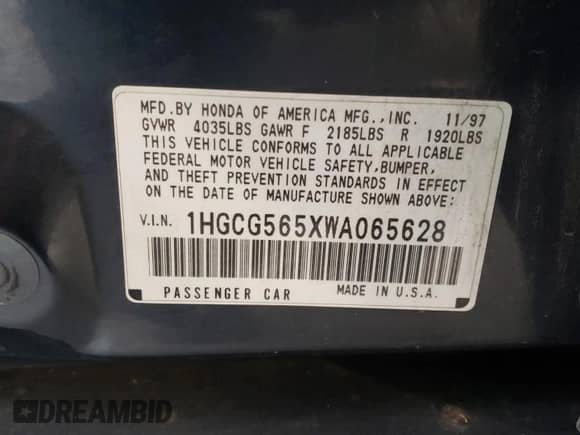 1998 Honda Accord EX with VIN 1HGCG565XWA065628, listed as a Copart auction lot 87243474 with 274,618 mi miles and Salvage title. Bid and sale history available at DreamBid. Image 12.