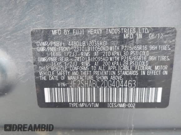 2013 Subaru Forester X z VIN JF2SHABC2DG404463, wystawiony jako IAAI lot #43484772 z przebiegiem 124 406 mil mil oraz . Historia ofert i sprzedaży dostępna na DreamBid. Obrazek 9.