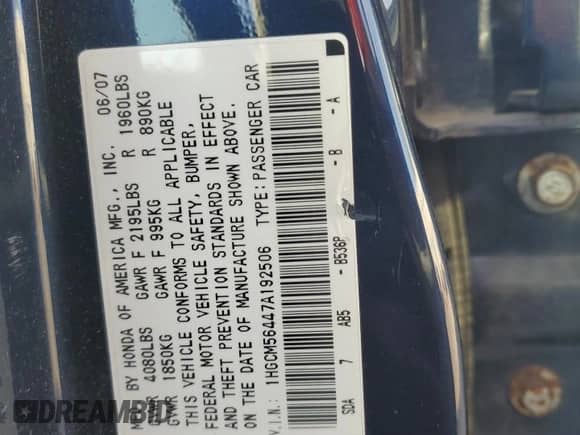 2007 Honda Accord LX с VIN 1HGCM56447A192506, выставлен на аукционе Copart как лот 85074785 с пробегом 178 806 миль миль и Чистый • Clean title. История ставок и продаж доступна на DreamBid. Изображение 12.