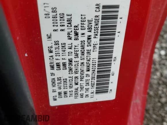 2017 Honda Accord Touring with VIN 1HGCT2B02HA006371, listed as a Copart auction lot 58910315 with 107,065 mi miles and Salvage title. Bid and sale history available at DreamBid. Image 12.