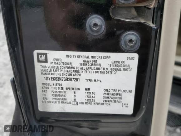 2003 Cadillac Escalade with VIN 1GYEK63N73R207201, listed as a Copart auction lot 60664235 with 237,318 mi miles and Clean title. Bid and sale history available at DreamBid. Image 13.