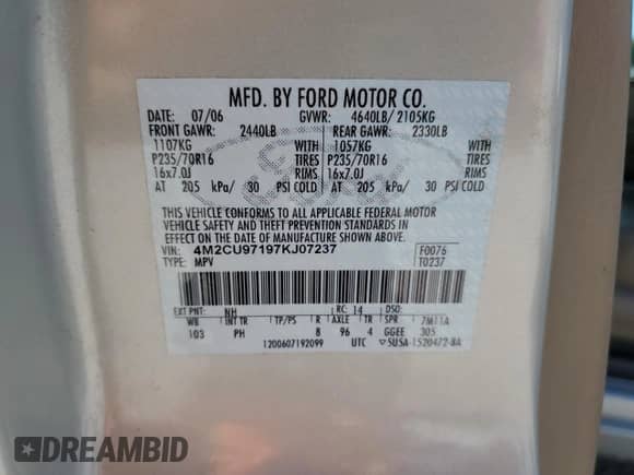 2007 Mercury Mariner Premier with VIN 4M2CU97197KJ07237, listed as a Copart auction lot 81430055 with 78,917 mi miles and Salvage title. Bid and sale history available at DreamBid. Image 13.