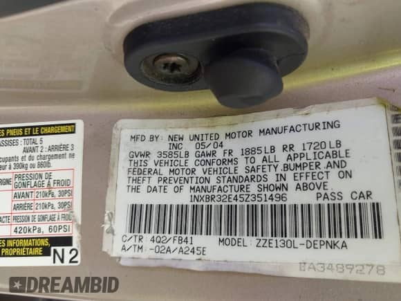 2005 Toyota Corolla CE с VIN 1NXBR32E45Z351496, выставлен на аукционе IAAI как лот 43557012 с пробегом 227 655 миль миль и . История ставок и продаж доступна на DreamBid. Изображение 9.