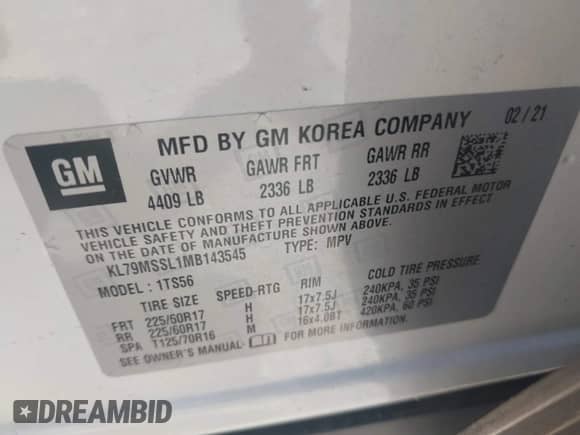 2021 Chevrolet TrailBlazer ACTIV с VIN KL79MSSL1MB143545, выставлен на аукционе IAAI как лот 42317159 с пробегом Не указан миль и . История ставок и продаж доступна на DreamBid. Изображение 9.