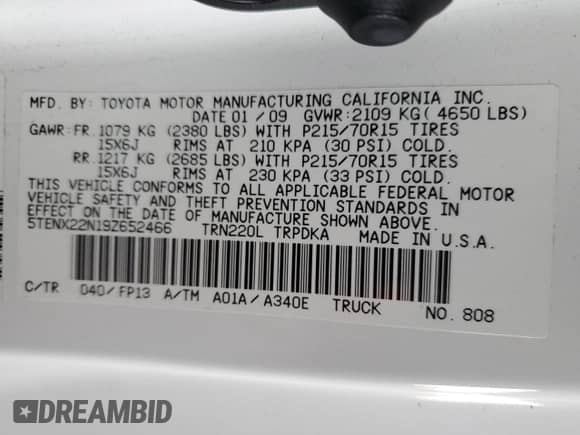 2009 Toyota Tacoma с VIN 5TENX22N19Z652466, выставлен на аукционе Copart как лот 84808965 с пробегом 222 087 миль миль и Списание • Salvage title. История ставок и продаж доступна на DreamBid. Изображение 12.