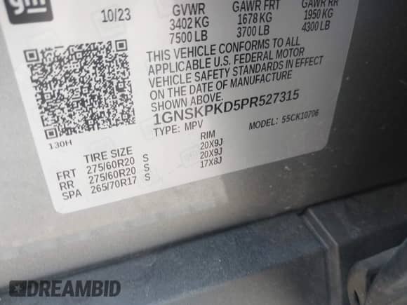 2023 Chevrolet Tahoe Z71 с VIN 1GNSKPKD5PR527315, выставлен на аукционе IAAI как лот 42712607 с пробегом Не указан миль и . История ставок и продаж доступна на DreamBid. Изображение 9.