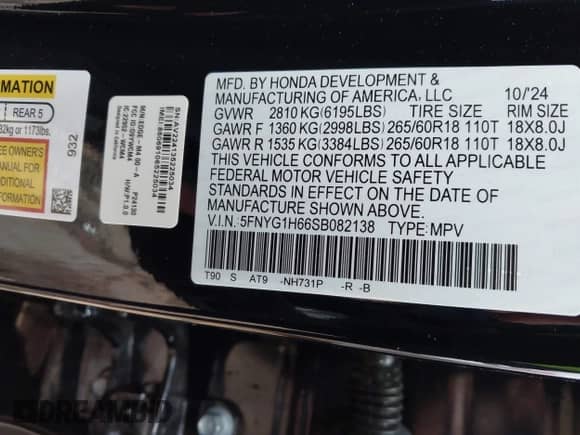 2025 Honda Pilot TrailSport with VIN 5FNYG1H66SB082138, listed as a IAAI auction lot 42352183 with 3,270 mi miles and . Bid and sale history available at DreamBid. Image 9.