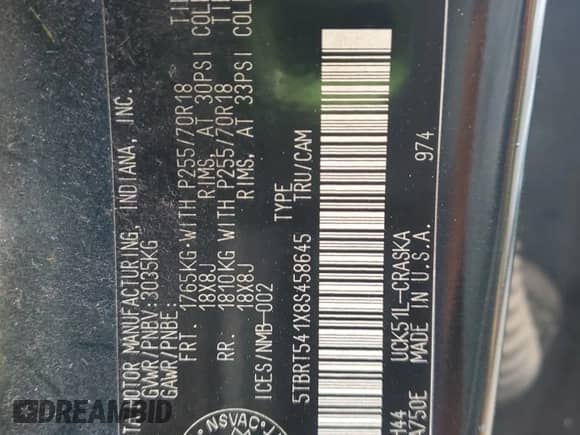 2008 Toyota Tundra с VIN 5TBRT541X8S458645, выставлен на аукционе Copart как лот 51955985 с пробегом Не указан миль и Чистый • Clean title. История ставок и продаж доступна на DreamBid. Изображение 13.