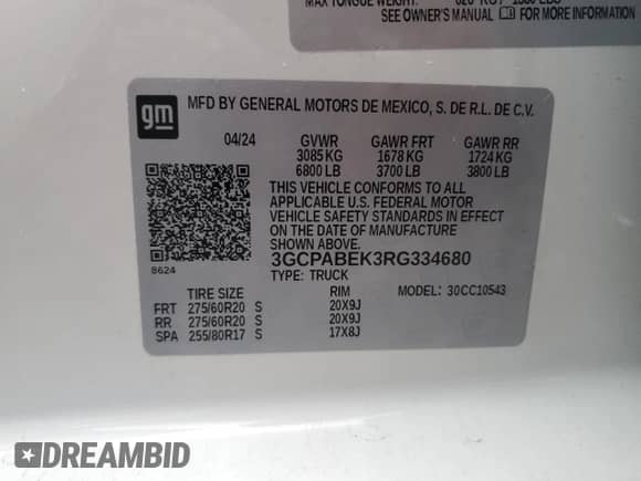2024 Chevrolet Silverado 1500 Custom с VIN 3GCPABEK3RG334680, выставлен на аукционе Copart как лот 67354625 с пробегом Не указан миль и Списание • Salvage title. История ставок и продаж доступна на DreamBid. Изображение 12.