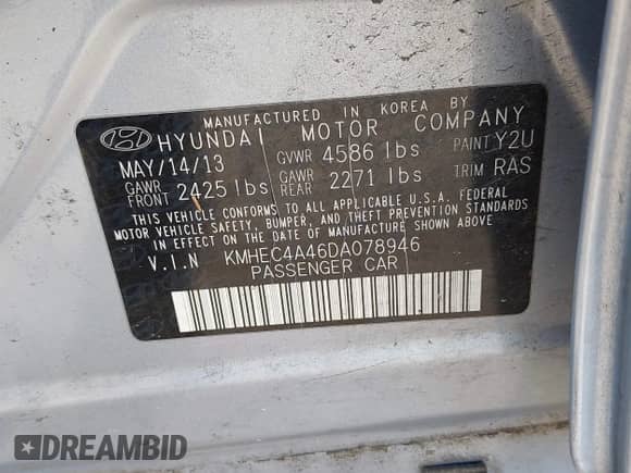 2013 Hyundai Sonata with VIN KMHEC4A46DA078946, listed as a IAAI auction lot 42755504 with 92,735 mi miles and . Bid and sale history available at DreamBid. Image 9.