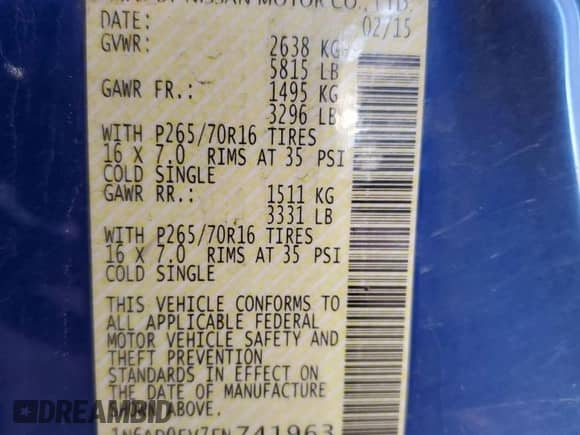 2015 Nissan Frontier SV with VIN 1N6AD0EV7FN741963, listed as a Copart auction lot 86599245 with 120,175 mi miles and Salvage title. Bid and sale history available at DreamBid. Image 12.