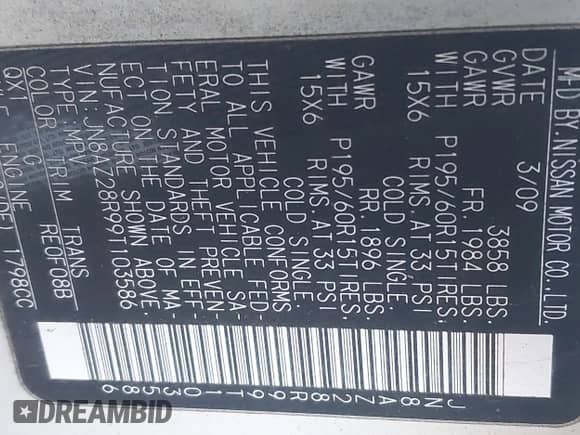 2009 Nissan Cube 1.8 Base with VIN JN8AZ28R99T103586, listed as a IAAI auction lot 41336303 with 104,150 mi miles and . Bid and sale history available at DreamBid. Image 9.