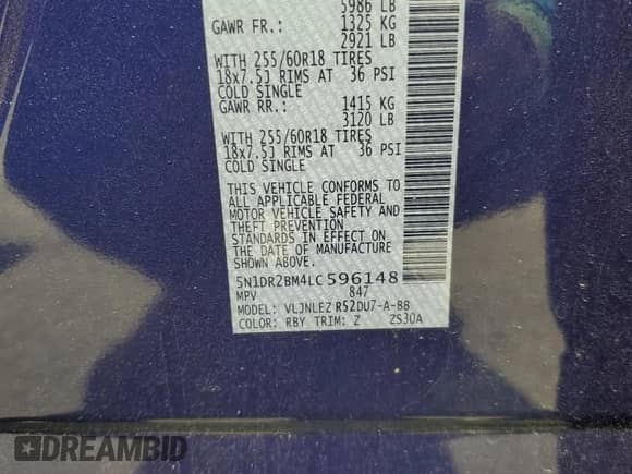 2020 Nissan Pathfinder SV with VIN 5N1DR2BM4LC596148, listed as a Copart auction lot 65562045 with 63,047 mi miles and Salvage title. Bid and sale history available at DreamBid. Image 13.