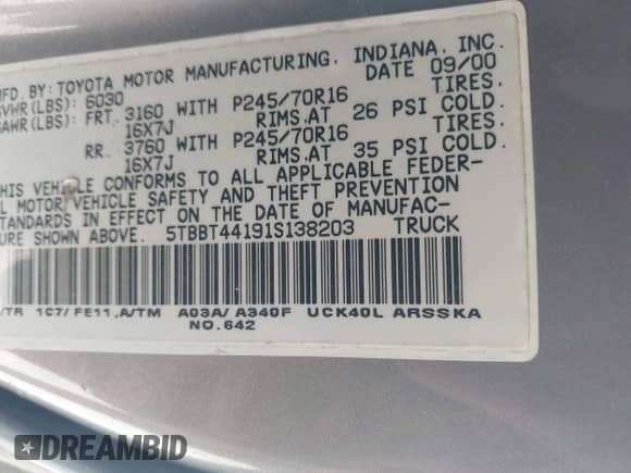 2001 Toyota Tundra SR5 with VIN 5TBBT44191S138203, listed as a IAAI auction lot 43498336 with 185,231 mi miles and . Bid and sale history available at DreamBid. Image 9.