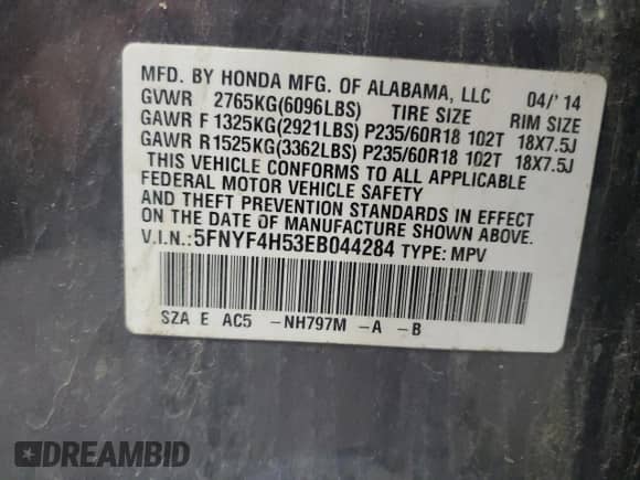 2014 Honda Pilot EX-L с VIN 5FNYF4H53EB044284, выставлен на аукционе Copart как лот 71437315 с пробегом 188 533 миль миль и Чистый • Clean title. История ставок и продаж доступна на DreamBid. Изображение 13.