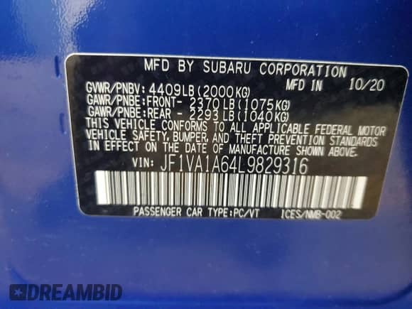 2020 Subaru WRX with VIN JF1VA1A64L9829316, listed as a Copart auction lot 68624065 with 87,134 mi miles and Salvage title. Bid and sale history available at DreamBid. Image 12.