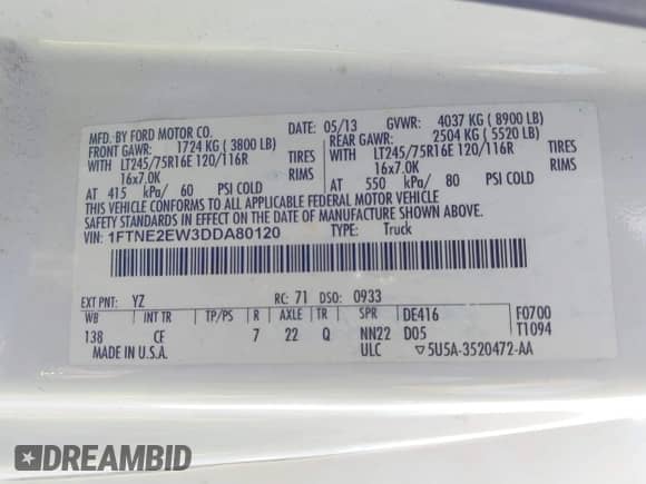2013 Ford Econoline Cargo Commercial with VIN 1FTNE2EW3DDA80120, listed as a IAAI auction lot 42240732 with 292,927 mi miles and . Bid and sale history available at DreamBid. Image 9.