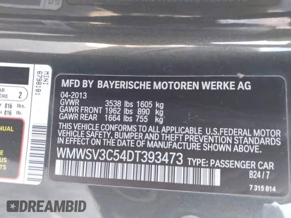 2013 MINI Hardtop S with VIN WMWSV3C54DT393473, listed as a IAAI auction lot 42925892 with 164,418 mi miles and . Bid and sale history available at DreamBid. Image 9.