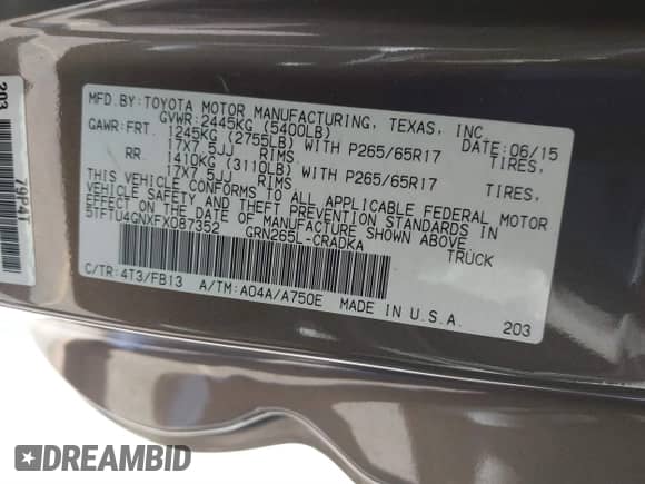 2015 Toyota Tacoma PreRunner with VIN 5TFTU4GNXFX087352, listed as a IAAI auction lot 41787677 with Not provided miles and . Bid and sale history available at DreamBid. Image 9.