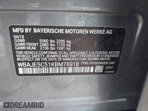 2019 BMW 5 Series 540i with VIN WBAJE5C51KBM76918, listed as a IAAI auction lot 42000228 with 59,670 mi miles and . Bid and sale history available at DreamBid. Image 9.