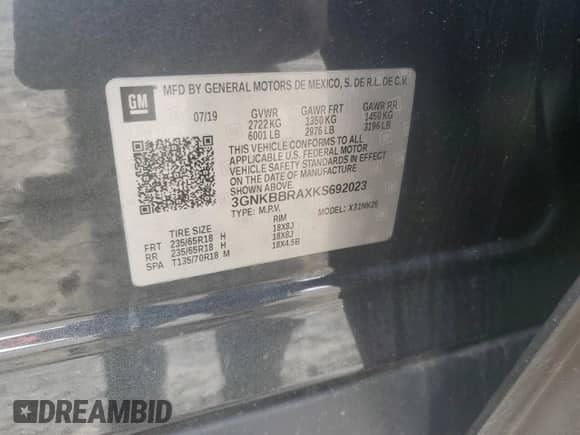 2019 Chevrolet Blazer z VIN 3GNKBBRAXKS692023, wystawiony jako Copart lot #54063415 z przebiegiem 106 772 mil mil oraz Szkoda całkowita • Salvage title. Historia ofert i sprzedaży dostępna na DreamBid. Obrazek 13.