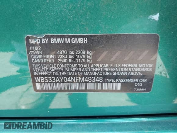 2022 BMW M3 Competition z VIN WBS33AY04NFM48348, wystawiony jako IAAI lot #42118600 z przebiegiem 40 214 mil mil oraz . Historia ofert i sprzedaży dostępna na DreamBid. Obrazek 9.