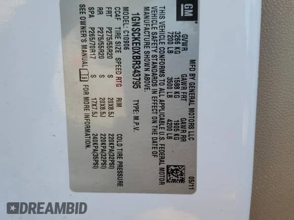 2011 Chevrolet Suburban LTZ with VIN 1GNSCKE0XBR343795, listed as a Copart auction lot 53349215 with 145,984 mi miles and Salvage title. Bid and sale history available at DreamBid. Image 13.